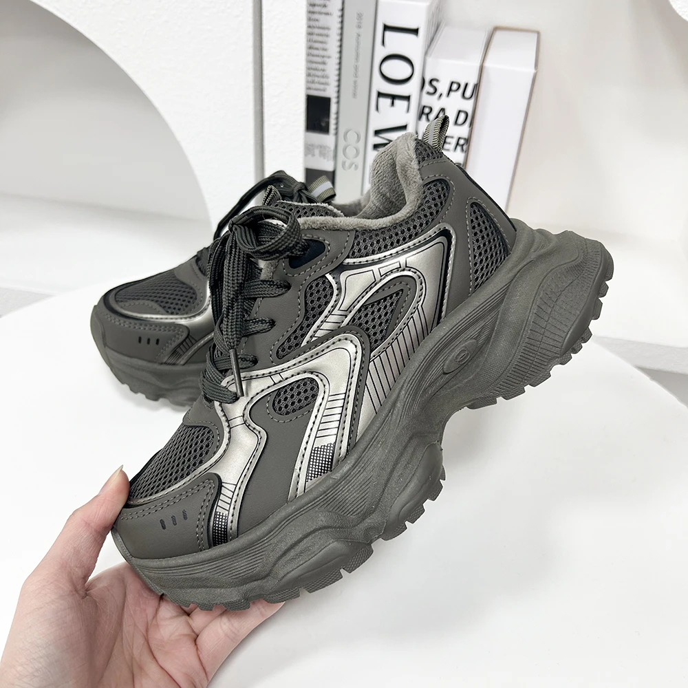 1358 灰色 加绒厚底老爹鞋女2024新款复古百搭轻便厚底休闲运动鞋