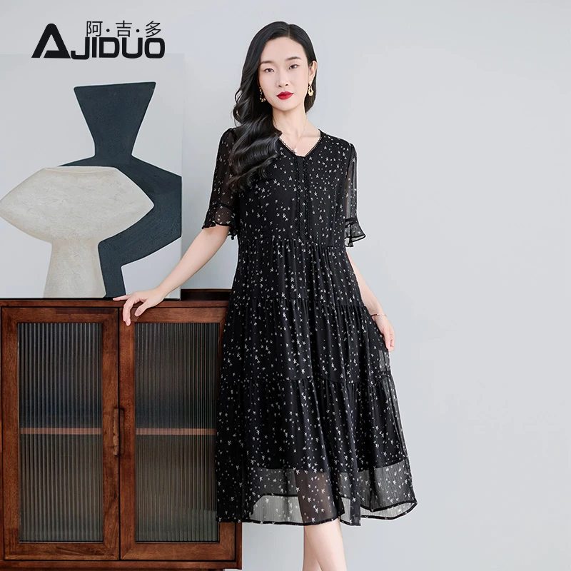 阿吉多黑色短袖连衣裙女2025夏季新款高级气质V领长裙大码裙子