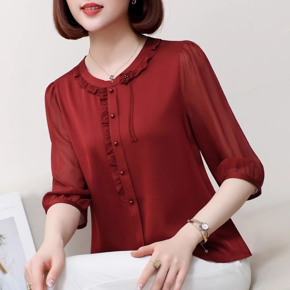 高端品牌真丝上衣女2025夏季新款五分袖衬衫气质桑蚕丝妈妈小衫