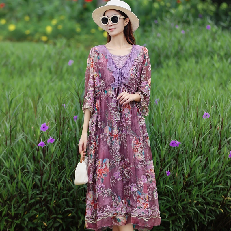 拜占庭的森林印花刺绣高端气质优雅典雅真丝洋气显瘦桑蚕丝连衣裙