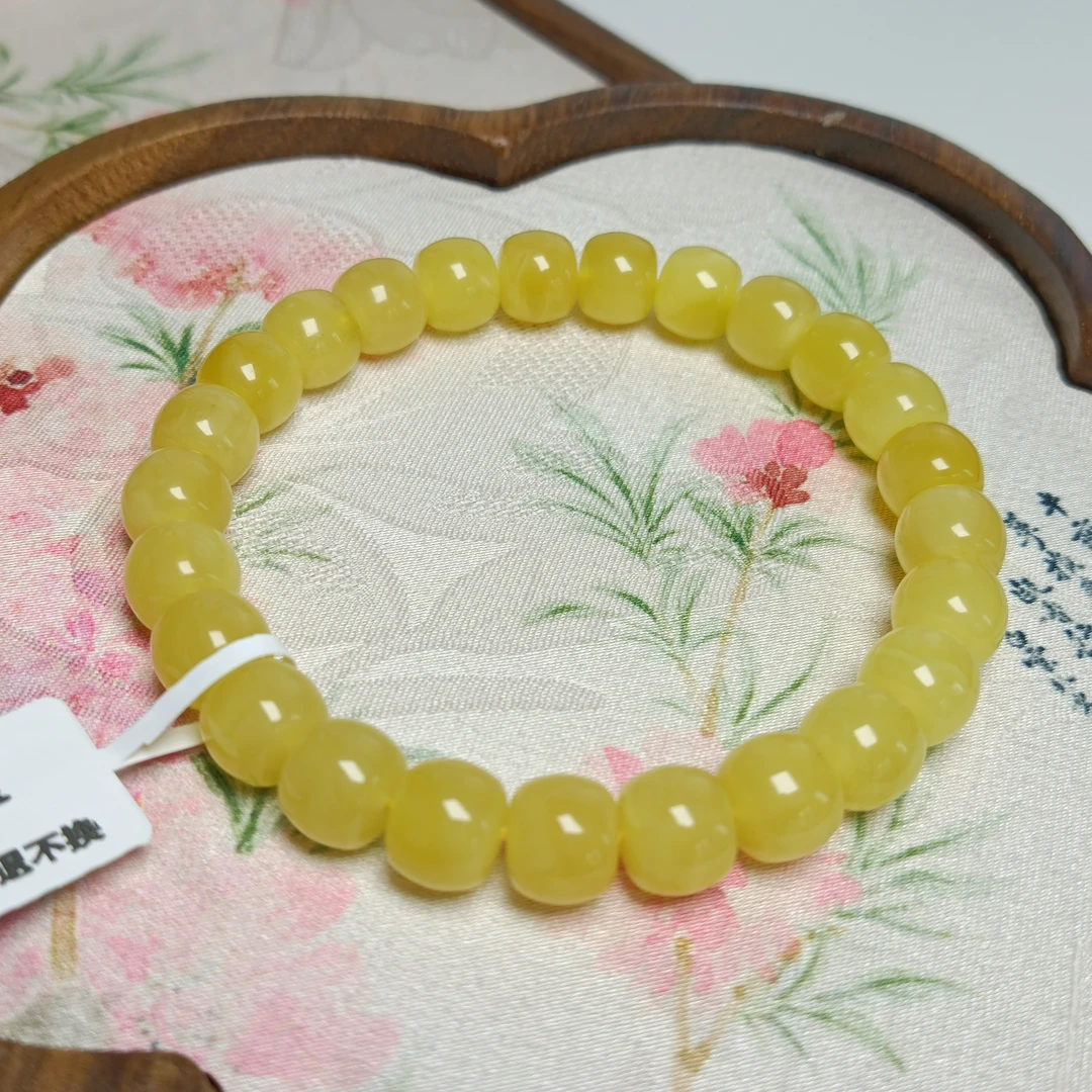 9.0精工蜜蜡纯色鸡油黄老型手串~天然~俄料~4850