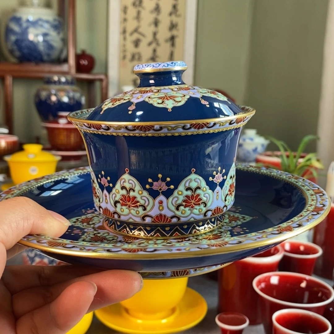 清欢雅玩原矿霁蓝珐琅彩盖碗加壶承