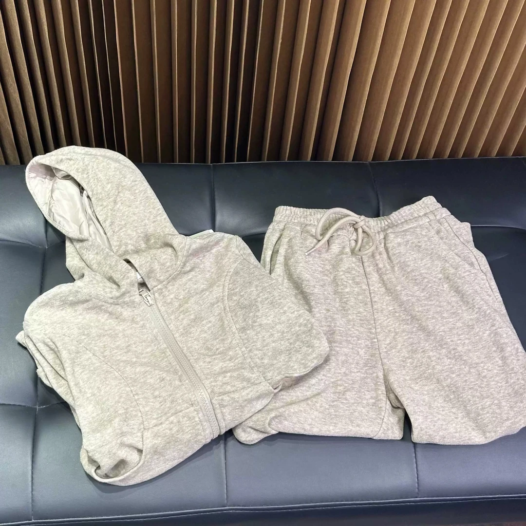 实体精品童装店 现货秒发 儿童杏色纯色针织运动休闲连帽套装