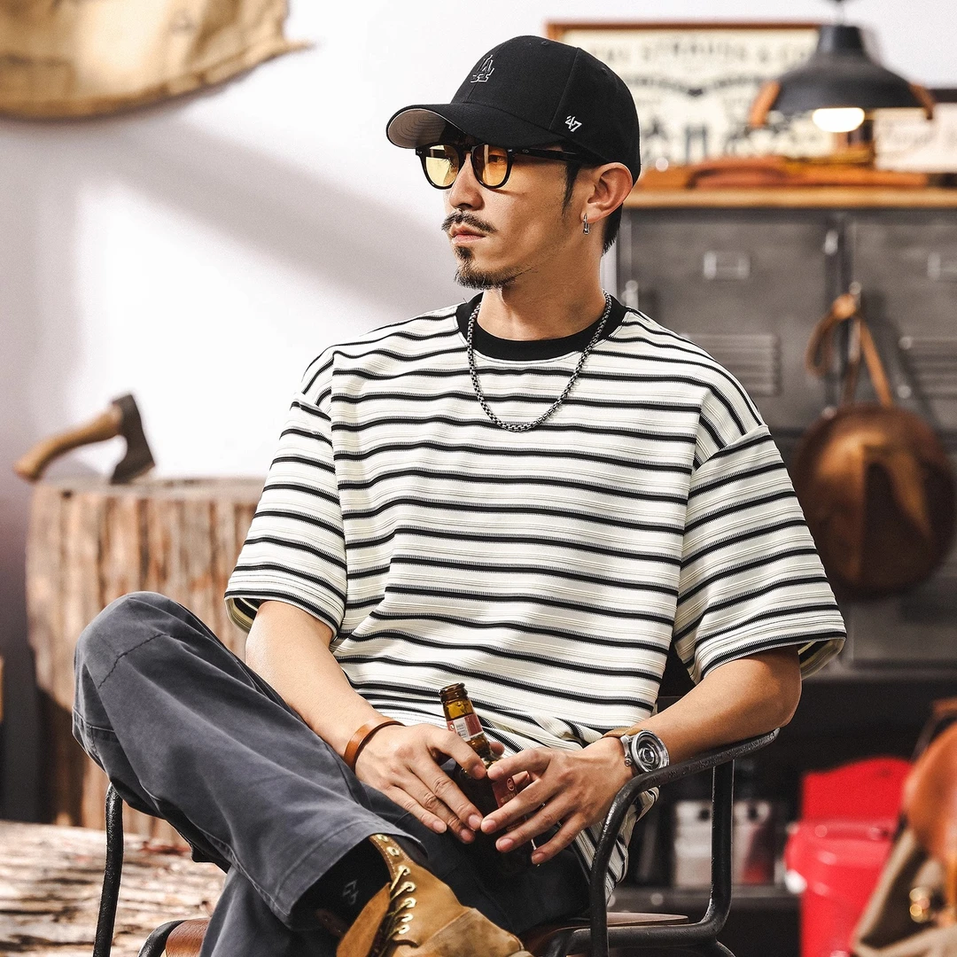 美式复古260g重磅海魂条纹男士t恤短袖夏季新款宽松休闲上衣体恤T