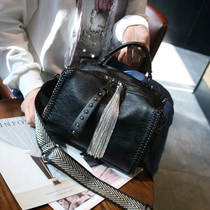 新款时尚百搭流苏真皮单肩手提包女包2025高级感镶钻软皮斜挎包潮