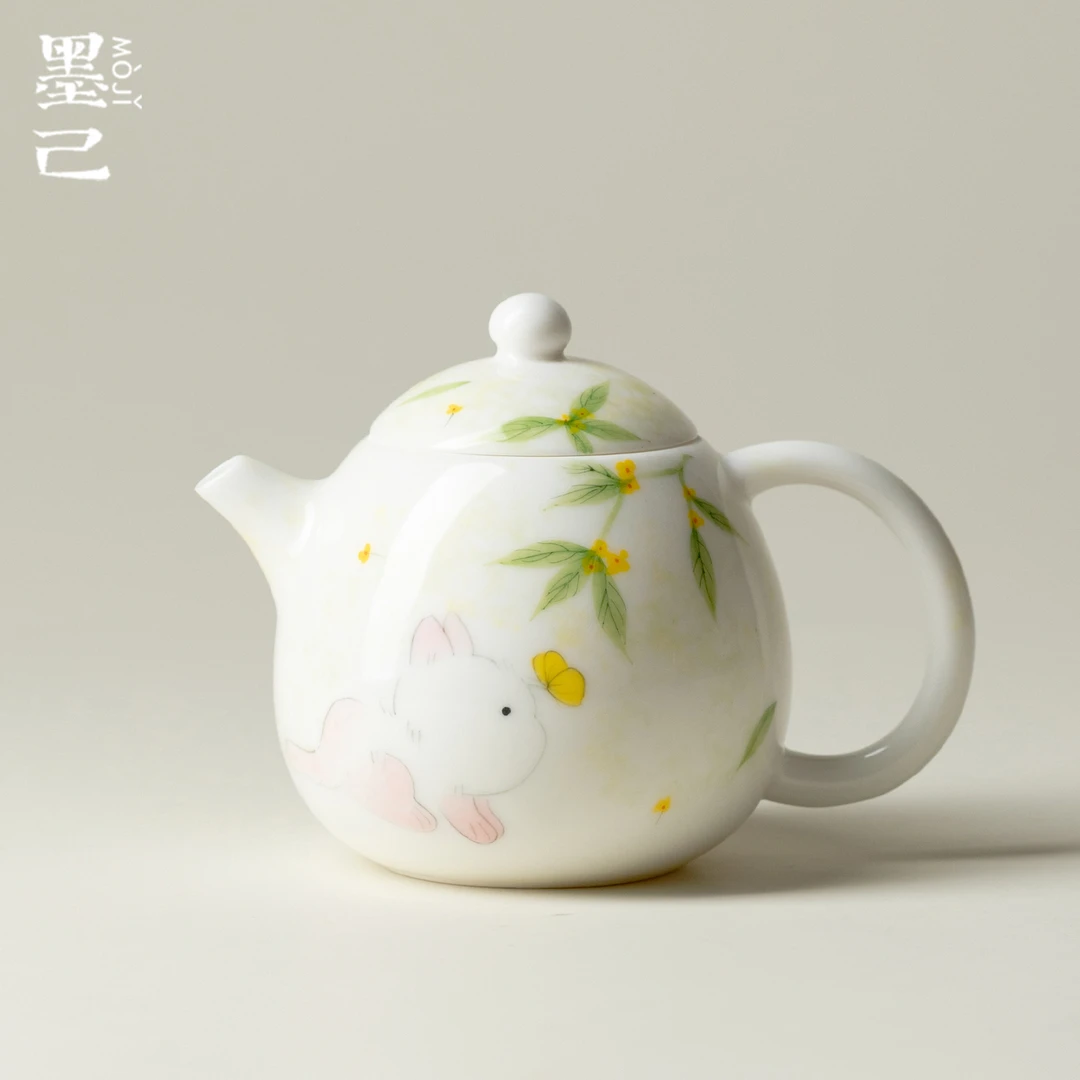 墨己玉泥手绘桂花猫戏蝶釉下彩茶壶功夫茶具家用球孔过泡茶龙旦壶
