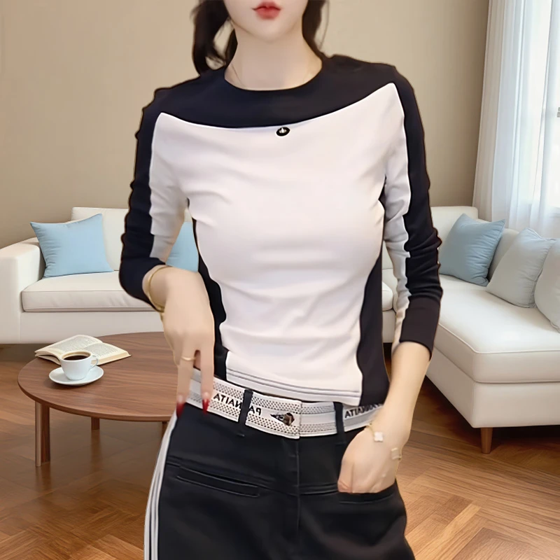 高级感拼色洋气长袖内搭T恤女早秋新款修韩版身款德绒打底衫上衣