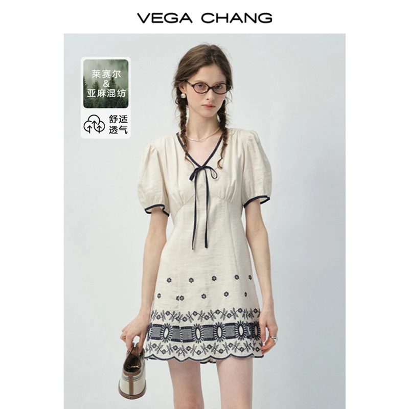 VEGA CHANG【莱赛尔】法式连衣裙女2026新款夏复古刺绣短裙0857LW