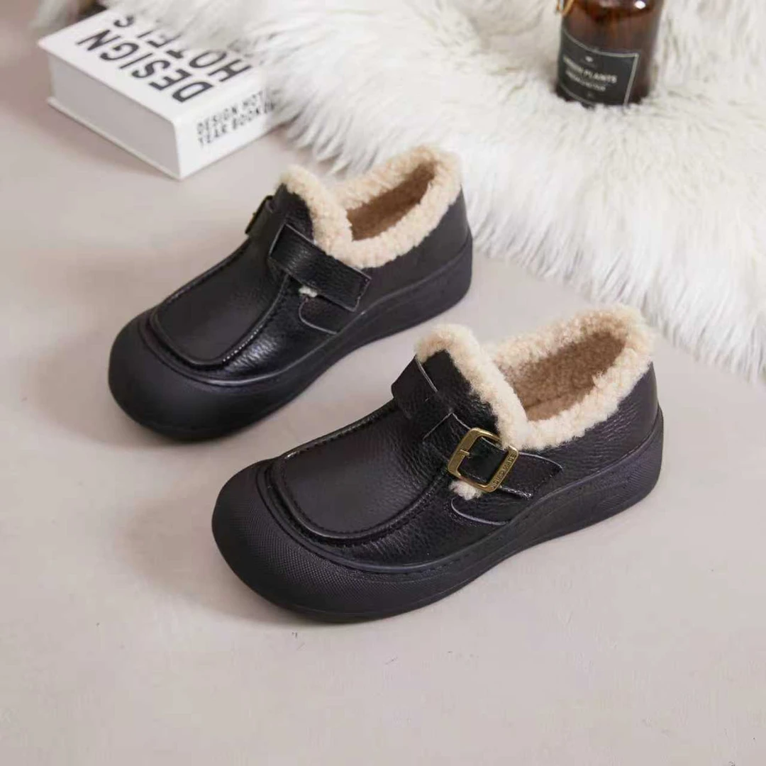 123加绒保暖毛毛鞋冬季新款纯色套脚平跟百搭休闲复古女鞋