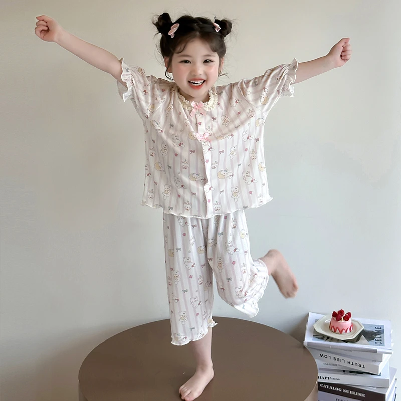 儿童睡衣夏季女童薄款家居服短袖套装2025新款女孩宝宝冰丝空调服