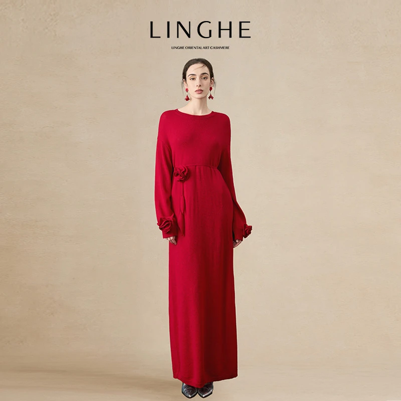 翎禾LINGHE「玫瑰的故事 」-秋冬气质优雅立体玫瑰花朵针织连衣裙