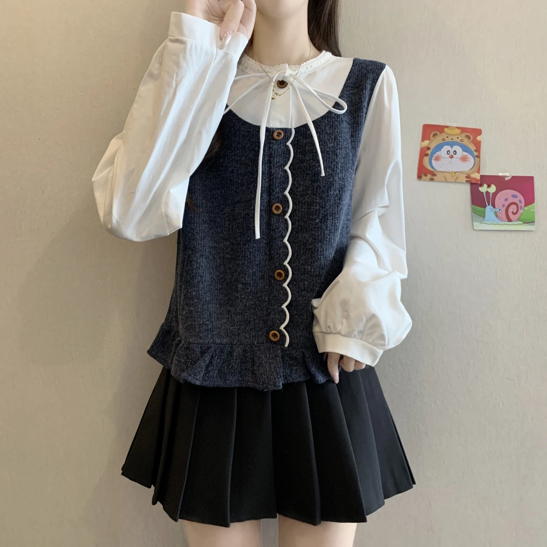 大码女装假两件独特设计感长袖衬衫女胖mm小众遮肚显瘦针织衫上衣