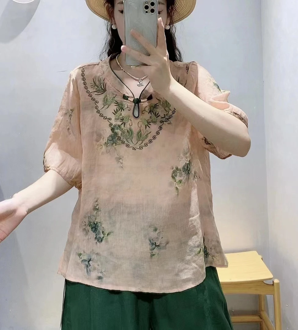 新中式宽松苎麻小衫刺绣圆领碎花短袖上衣1093-2肩40胸116长60