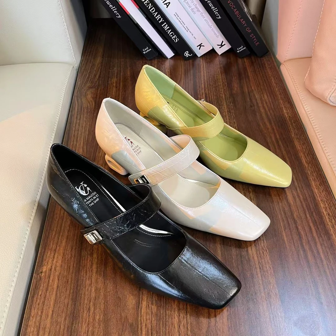 范戈希跟高6CM全牛皮新款纯色时尚一字带复古春季方跟单鞋买1赠3