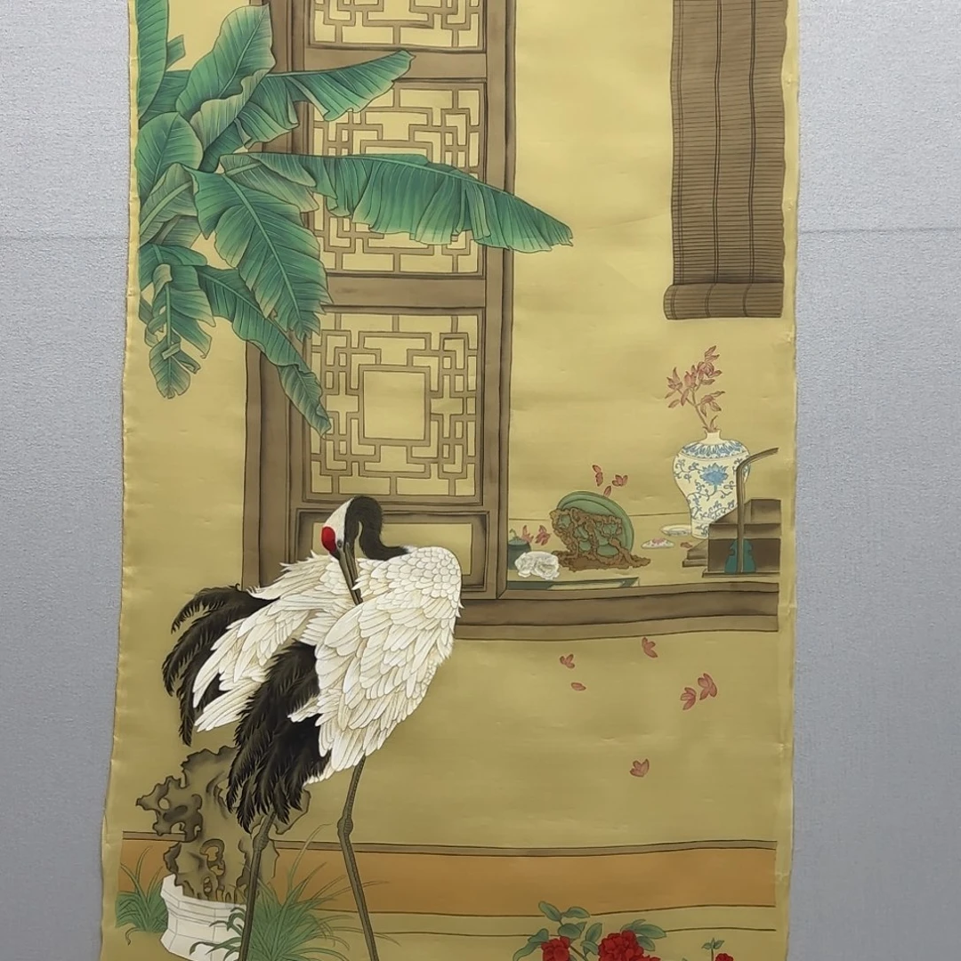 国画绢本工笔四尺仙鹤贾敏