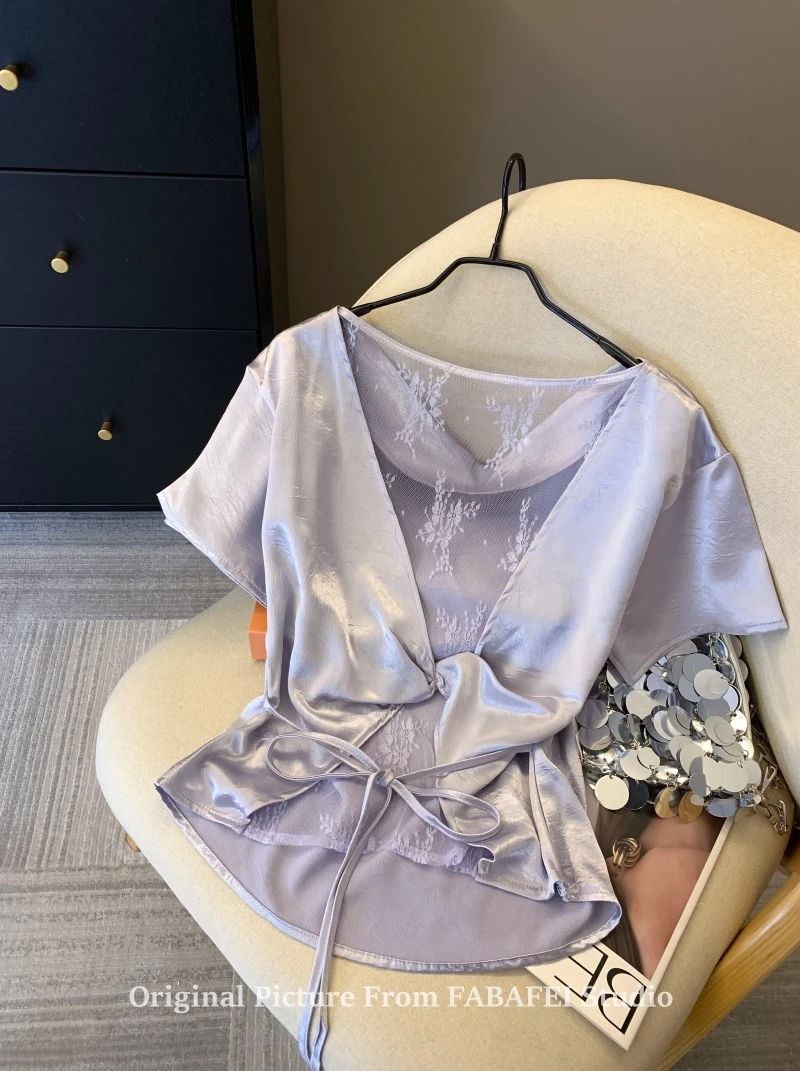 夏季爆款推荐~紫色后背蕾丝网纱短袖衬衫女纯欲时尚荡领缎面上衣