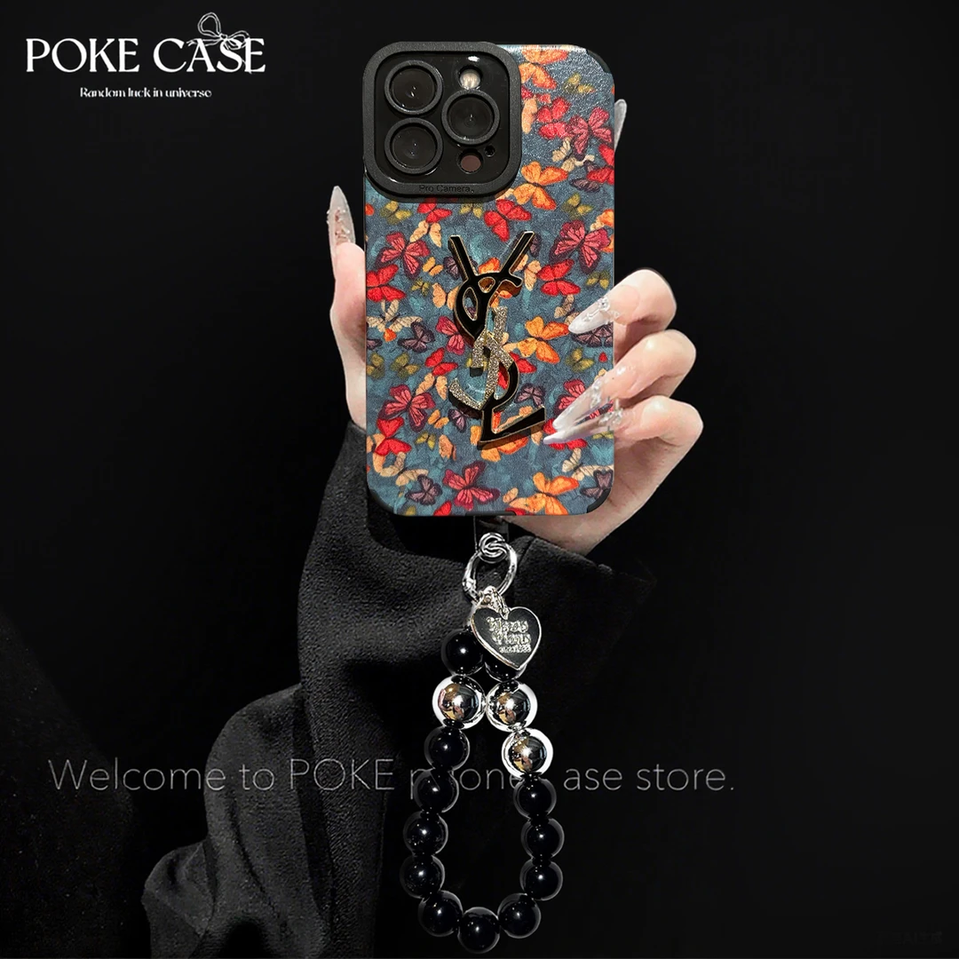 轻奢小羊皮英文蝴蝶适用苹果16华为vivo小米oppo手链手机壳女