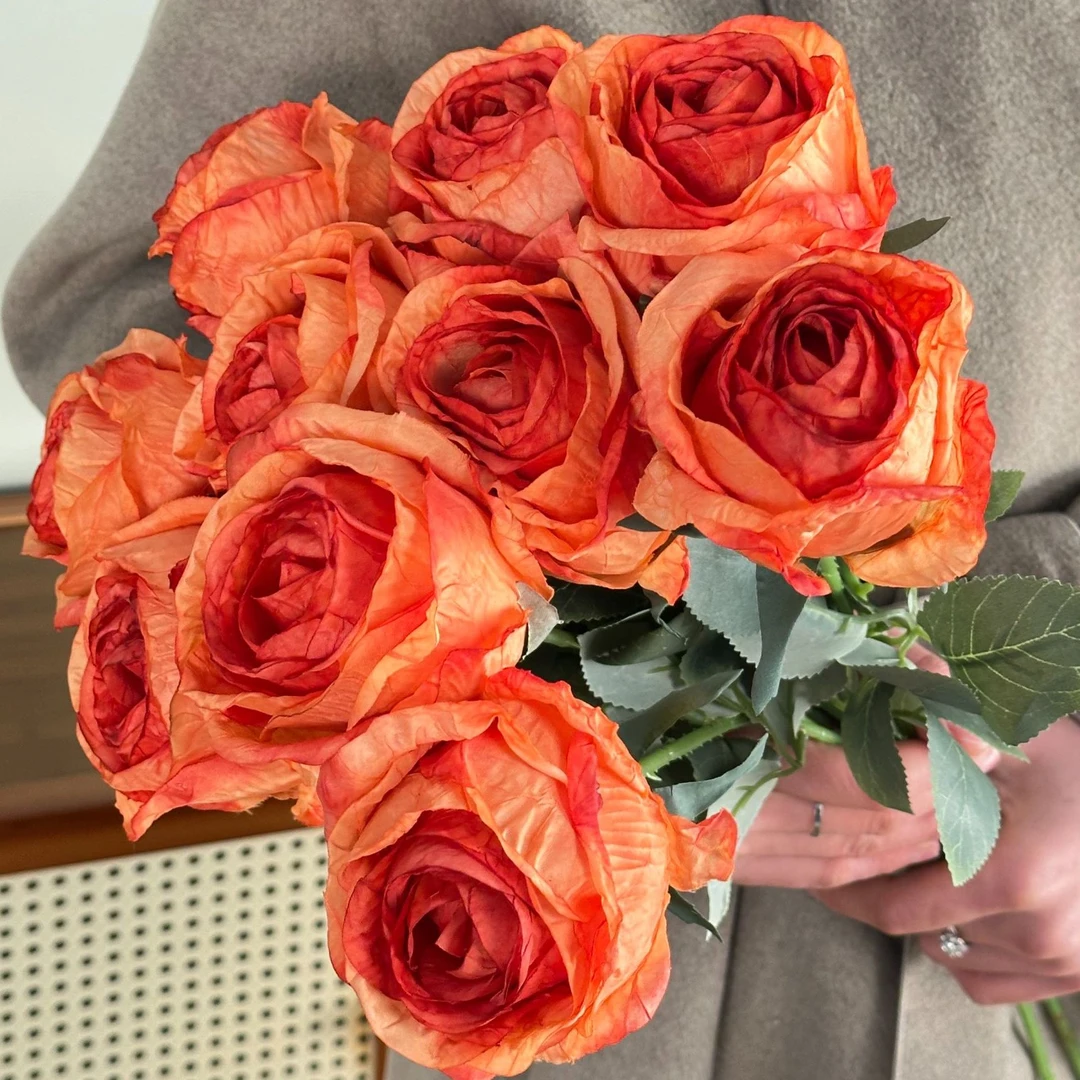 （橘子汽水）橘黄色大头玫瑰焦边钻石烤边工艺仿真花ins风假花客厅