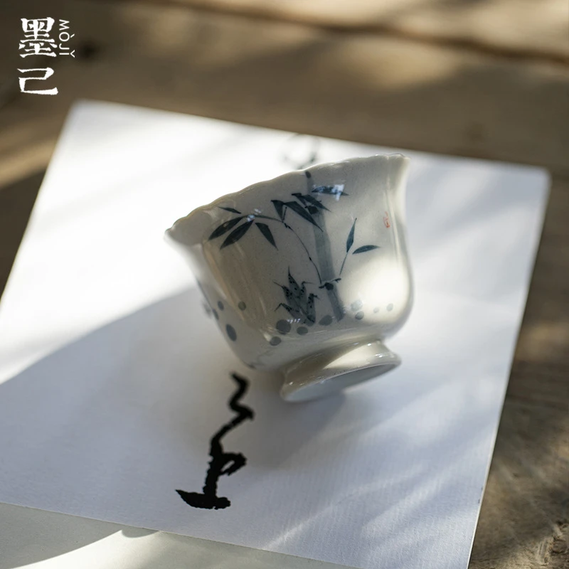 墨己草木灰斑竹枝陶瓷竹子茶杯功夫茶具家用高足品茗杯单杯喝茶杯