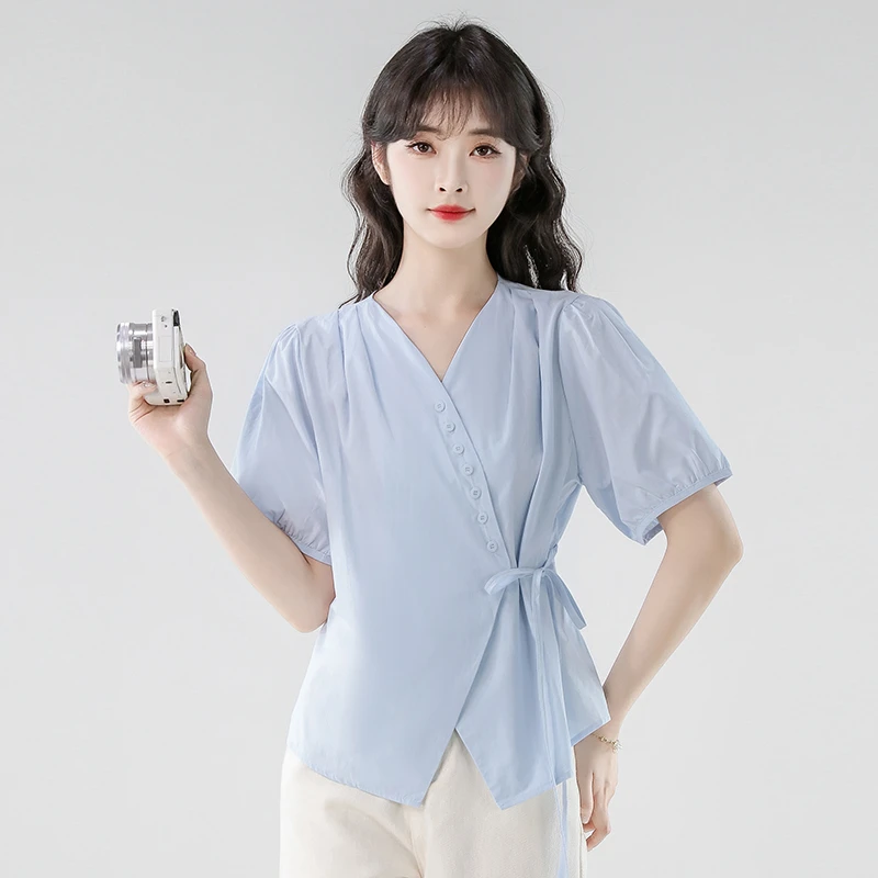 实拍现货 2025夏季新款法式v领泡泡袖系带收腰显瘦上衣女