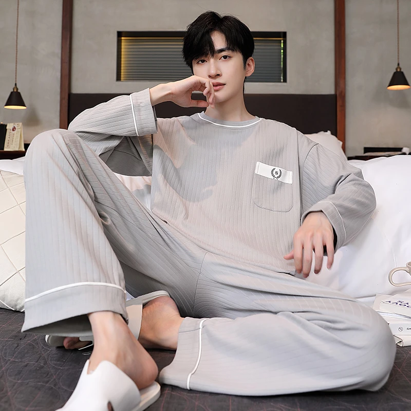 春秋季睡衣男士棉质薄款长袖长裤简约大码套装可外穿夏秋冬家居服