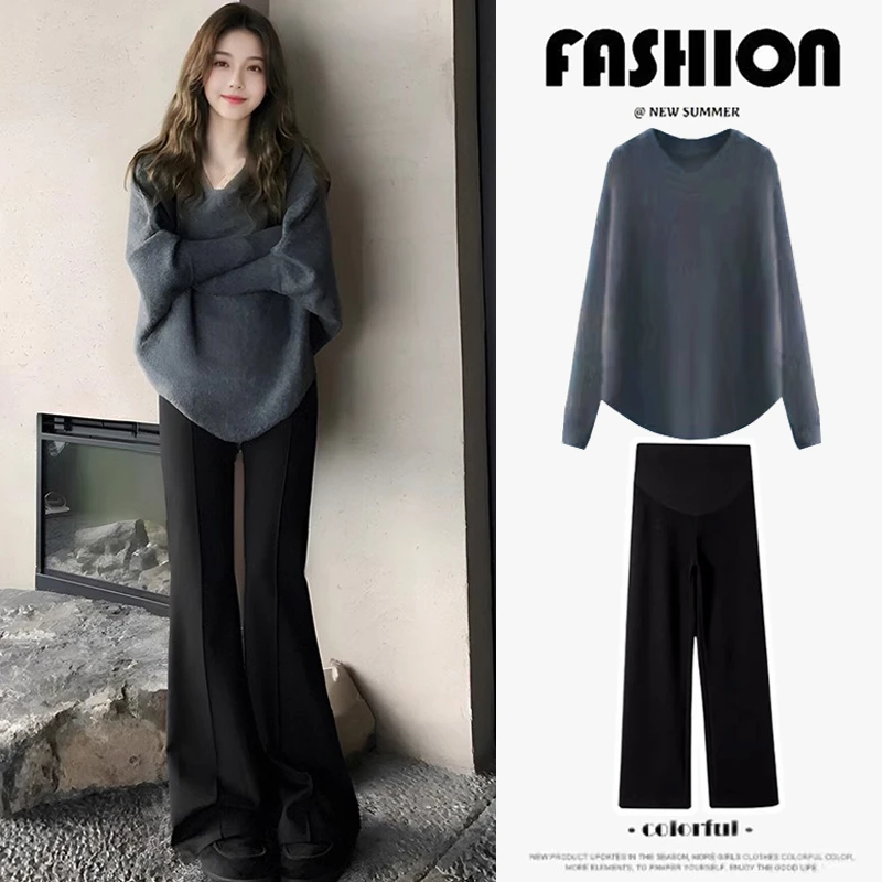 孕妇套装秋装2025新款慵懒风针织毛衣v领宽松春秋两件套孕妈穿搭