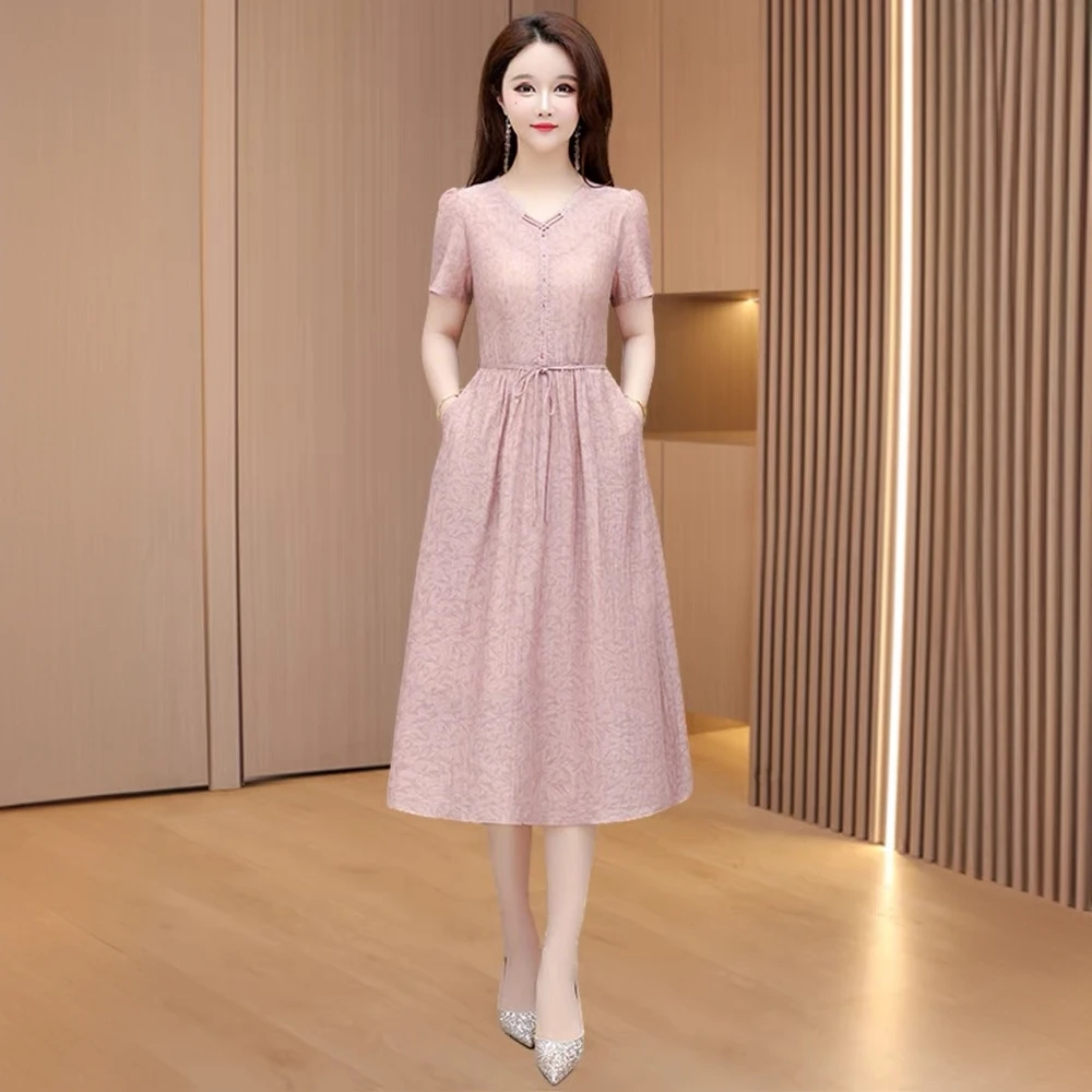 深圳南油高档雪纺收腰显瘦碎花裙子女春夏新款气质减龄妈妈连衣裙