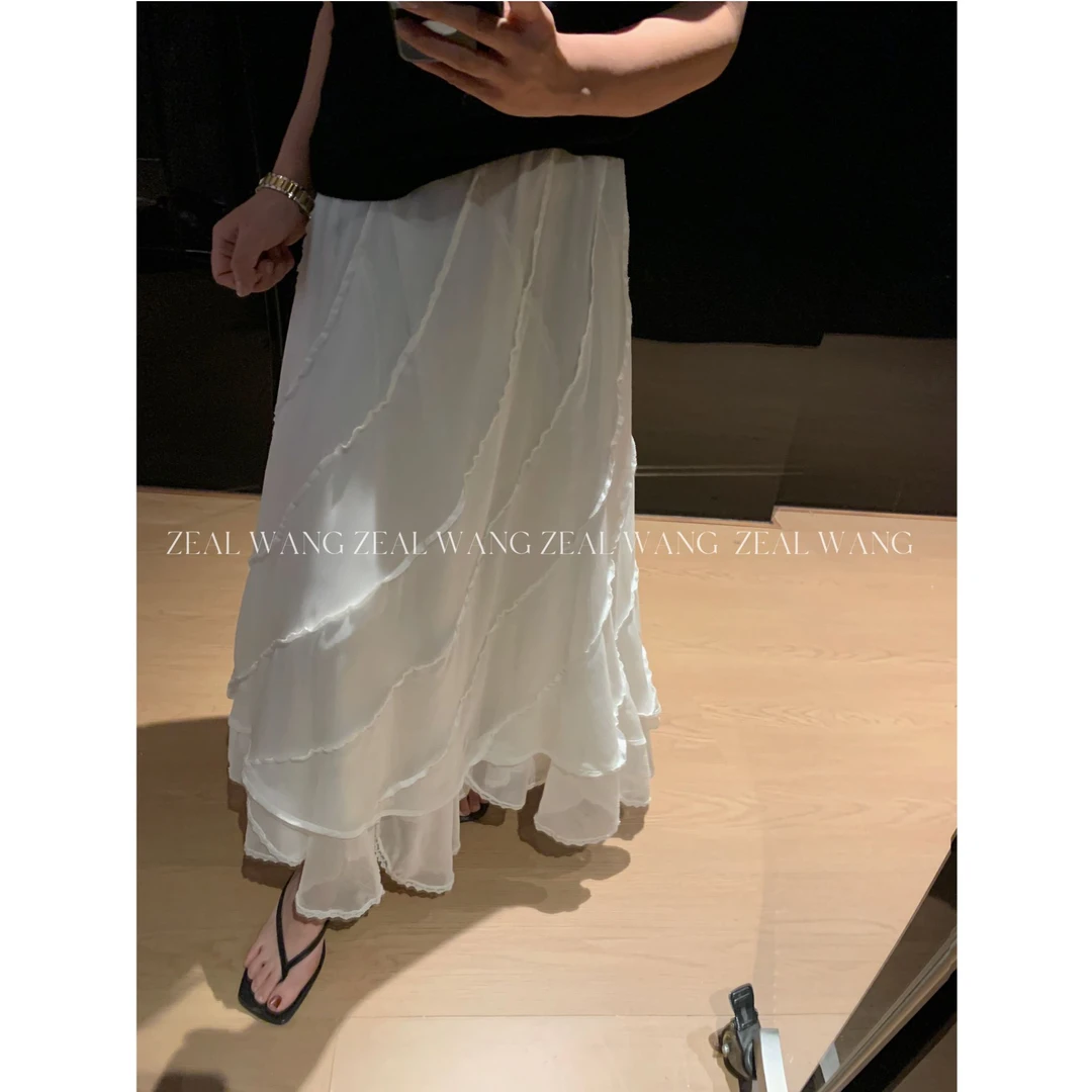 WANG【你的婚礼】不规则蕾丝网纱高腰蛋糕裙半身裙W19930821