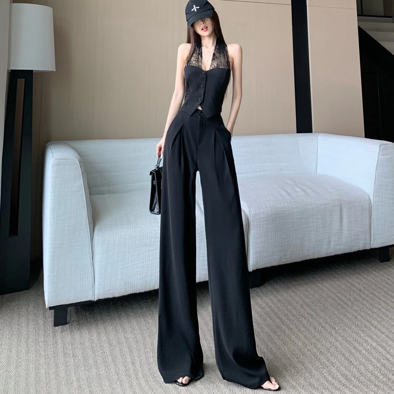 2025新款蕾丝拼接修身时尚套装女挂脖露肩马甲+高腰阔腿裤两件套