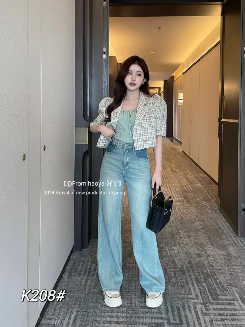 208-高腰显瘦宽松蓝色阔腿宽直筒牛仔复古系列小个子牛仔裤
