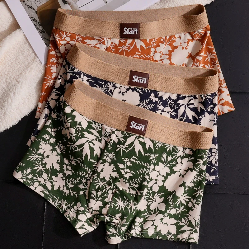 复古森系男士纯棉平角裤个性潮抑菌透气舒适宽松男生棉质四角裤衩