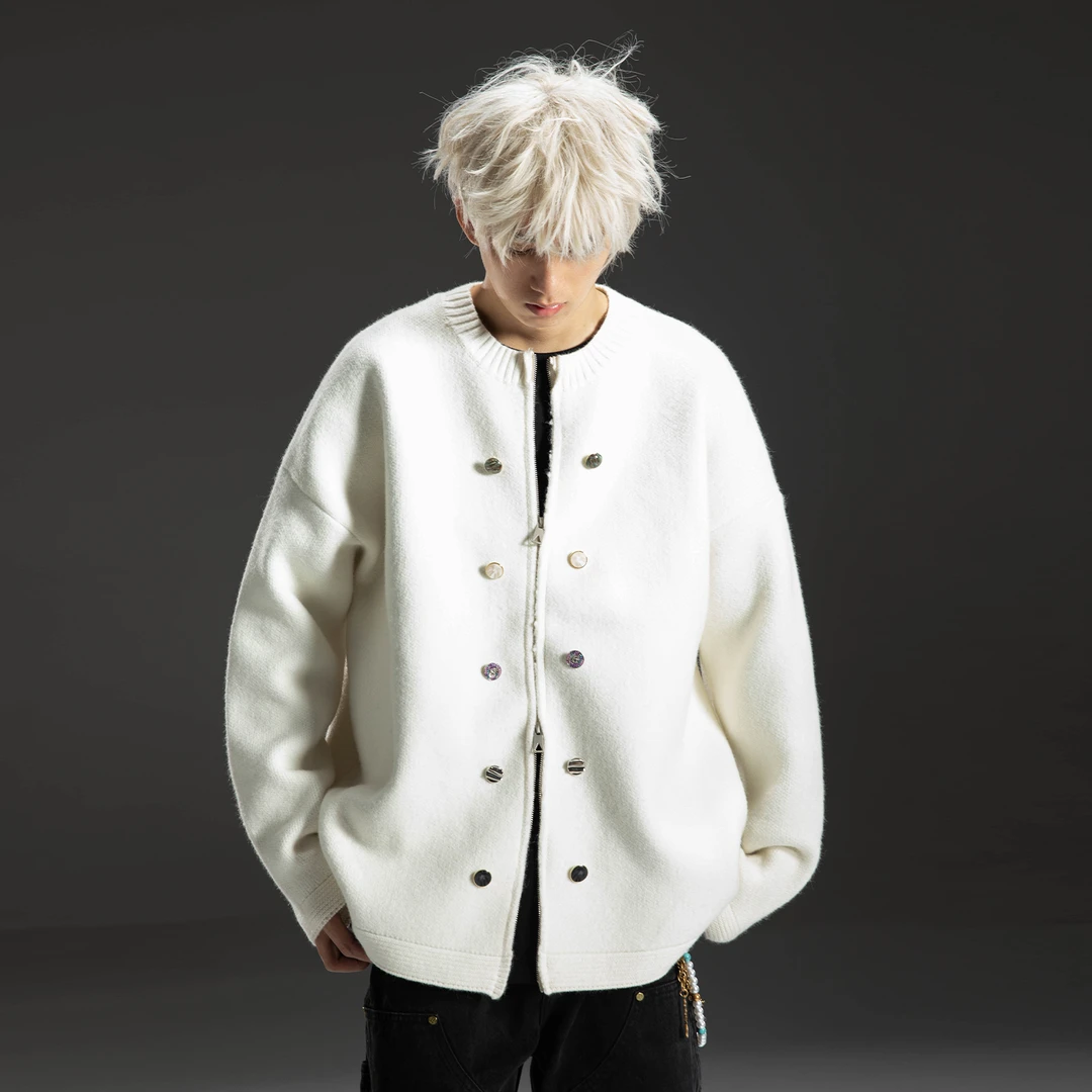 【定制纽扣装饰】日系简约纯色针织开衫男女同款宽松毛衣外套7022