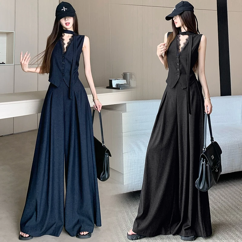 蕾丝马甲牛仔上衣性感辣妹无袖v领背心+高腰显瘦阔腿裤套装女1552