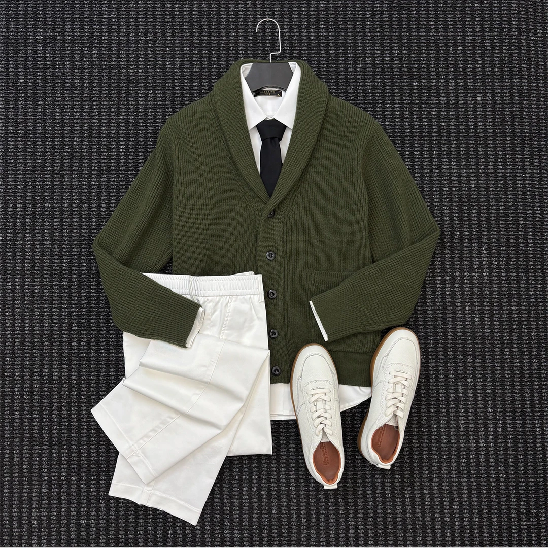 秋冬季加厚保暖青果领针织开衫高级感休闲百搭潮流帅气毛衣外套男