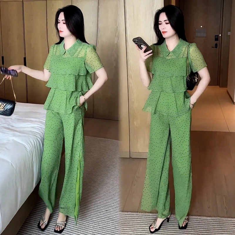 时尚套装女2025夏季新款时髦洋气设计感波点上衣阔腿裤气质两件套