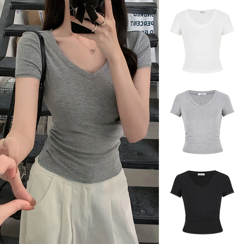 Moses Queen/魔西女王正肩V领露锁骨短袖t恤褶皱收腰纯欲短款上衣