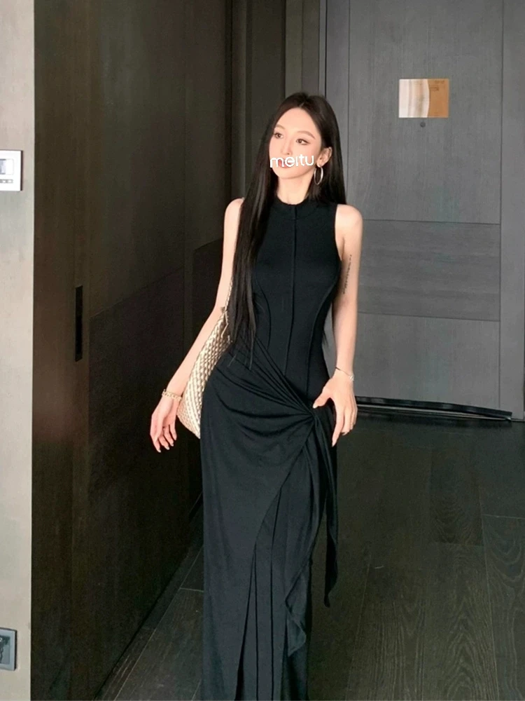 高级感灰色莫代尔背心连衣裙设计感修身气质假两件包臀长裙