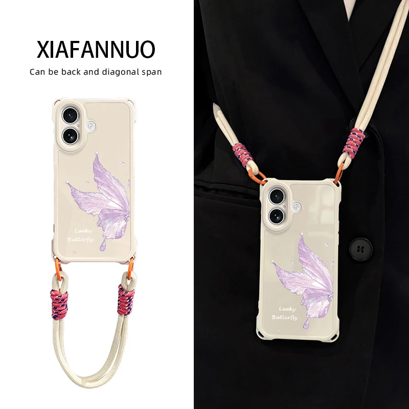 蝴蝶适用iPhone17promax手机壳16pro苹果15带挂绳14plus斜挎13air