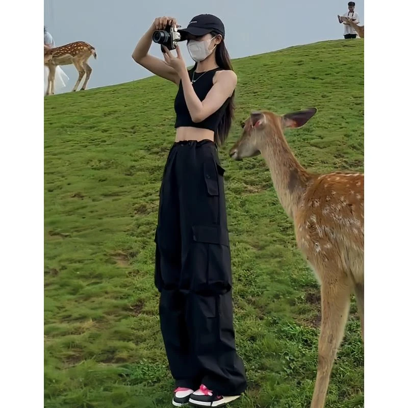 FAVMARTHA美式登山工装裤女夏季薄款高腰宽松小个子休闲阔腿户外