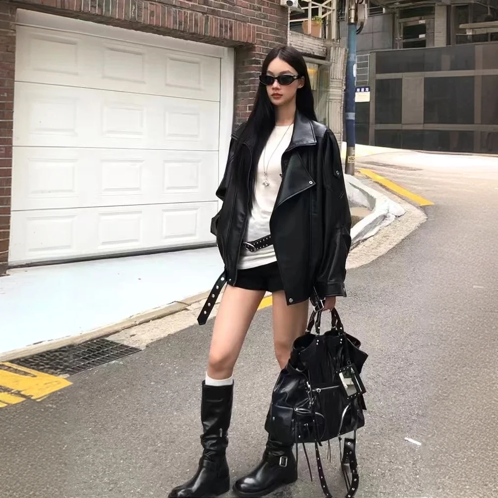 美式复古高级感黑色pu皮衣外套女秋季设计感小众机车开衫夹克上衣