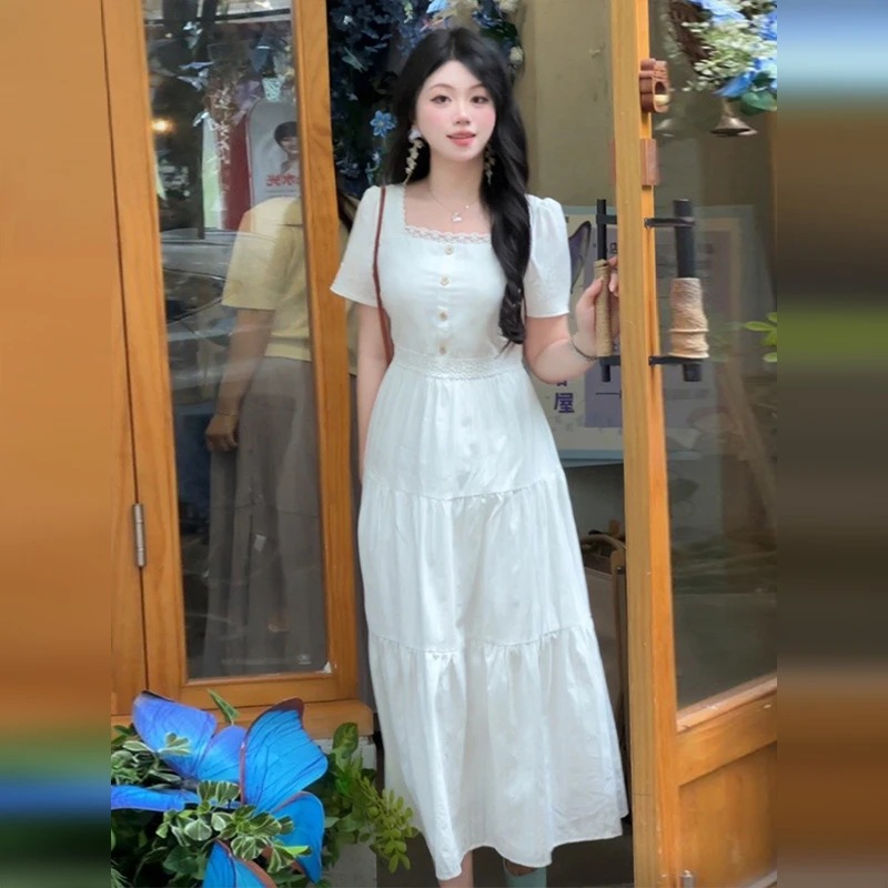 法式白色连衣裙子女夏季2025新款温柔风收腰气质绝美长裙穿搭2984