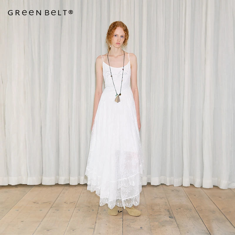 GREEN BELT城市旷野25春重工蕾丝连衣裙女海岛度假白色吊带长裙