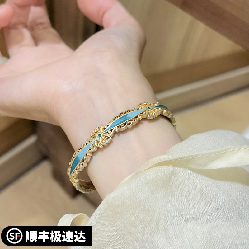 足银手镯 A19新中式精致珐琅彩蝴蝶镂空花丝手镯七夕节送女朋友