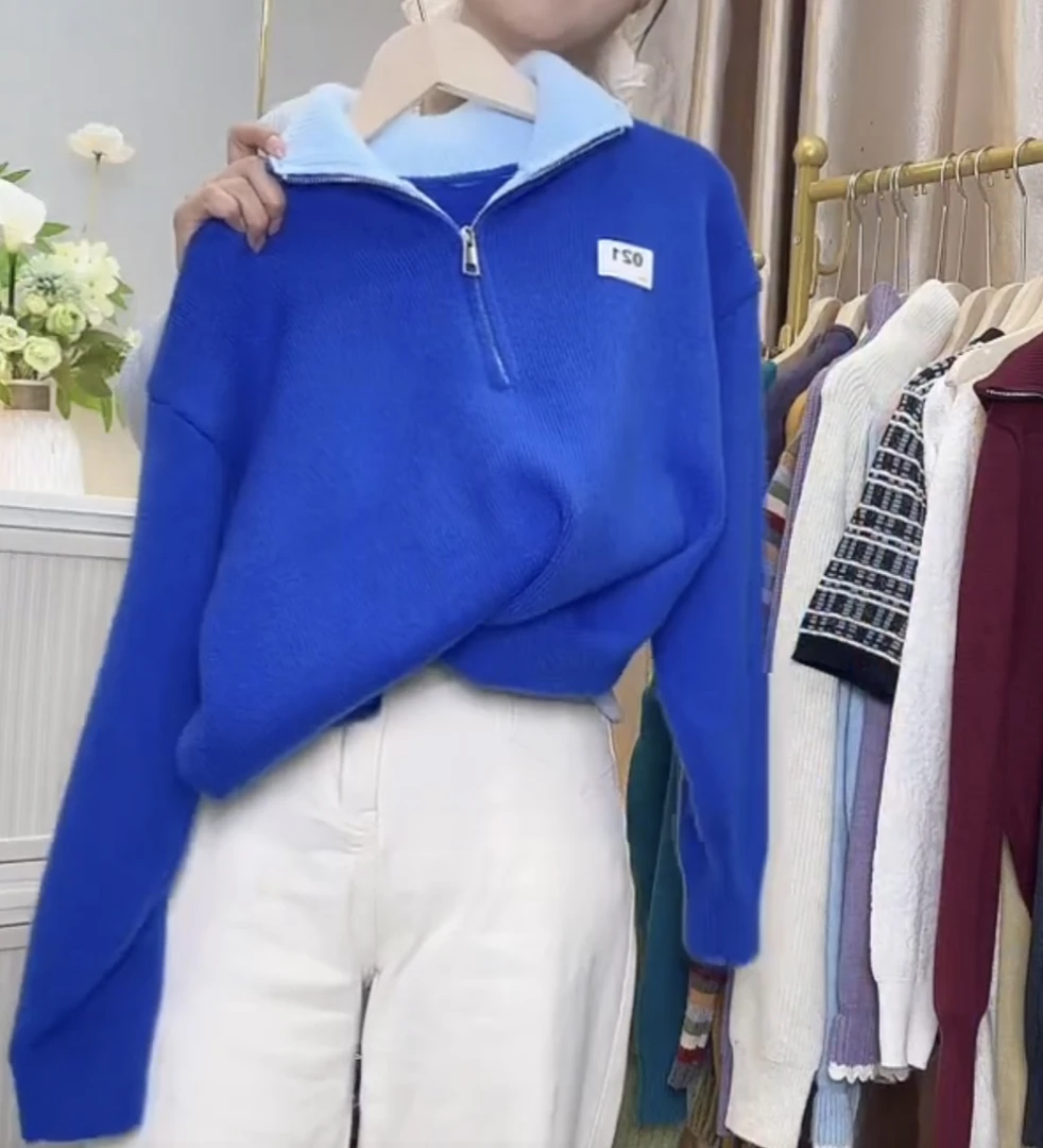 克莱英蓝针织衫拉链外套翻领毛衣厚款百搭休闲时尚蓝色高领韩版