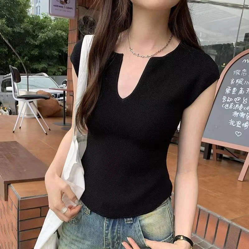 优米娜气质小飞袖修身针织女2025夏季新款不规则上衣