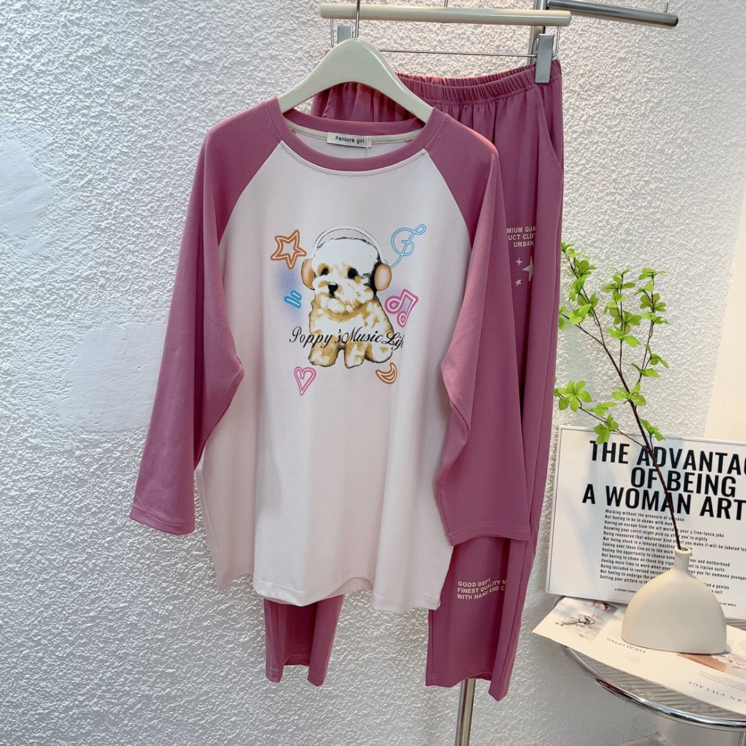 长袖长裤睡衣女套装春秋季宽松韩版家居服卡通圆领弹力棉质