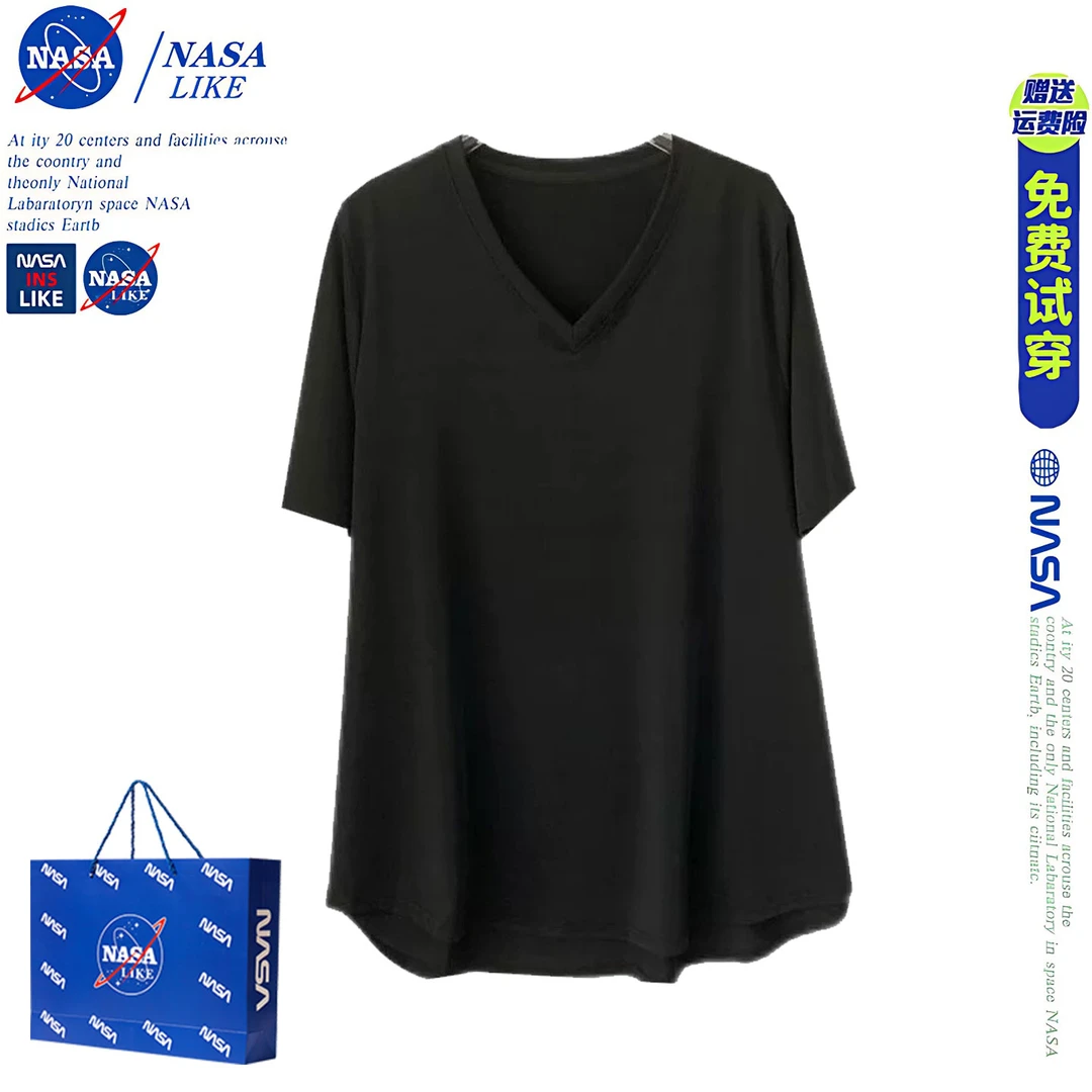 NASA韩系慵懒风松弛感V领短袖T恤女夏季新款纯色简约宽松显瘦上衣