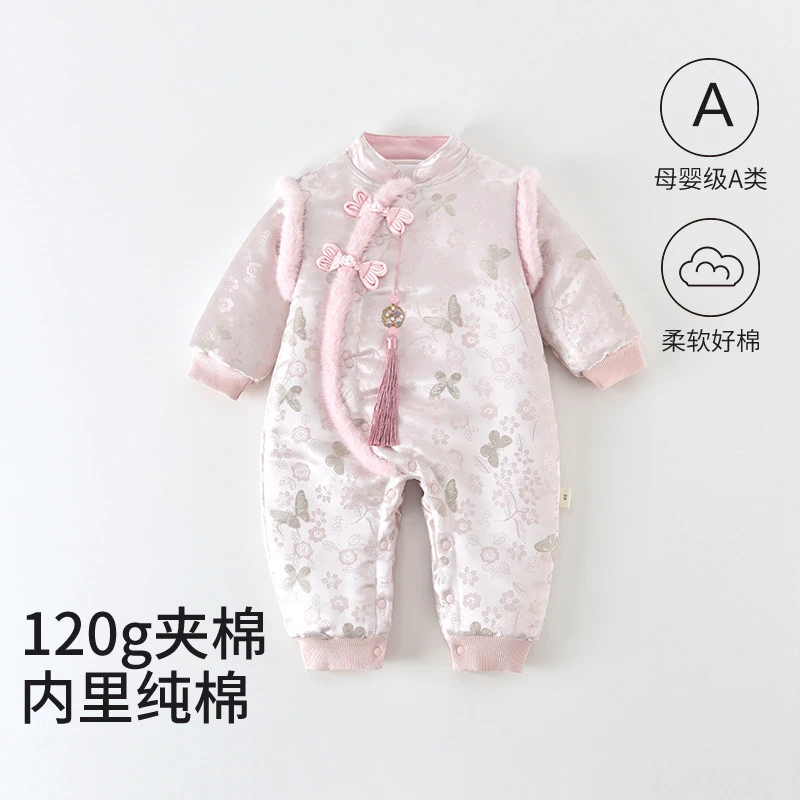 女宝宝国风连体衣秋冬款婴儿夹棉冬装哈衣新生儿衣服新款外出棉服