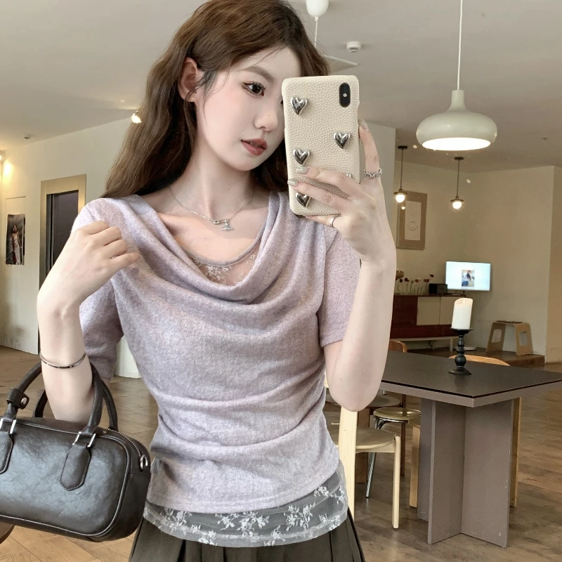 夏季新款紫色假两件荡领蕾丝短袖上衣修身时尚洋气薄款针织衫T恤