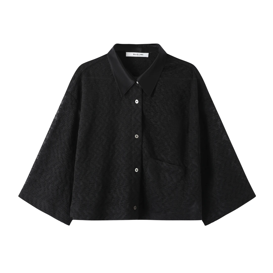 ELVIS.CHEUNG真丝缎面拼接薄纱碎花截短衬衫